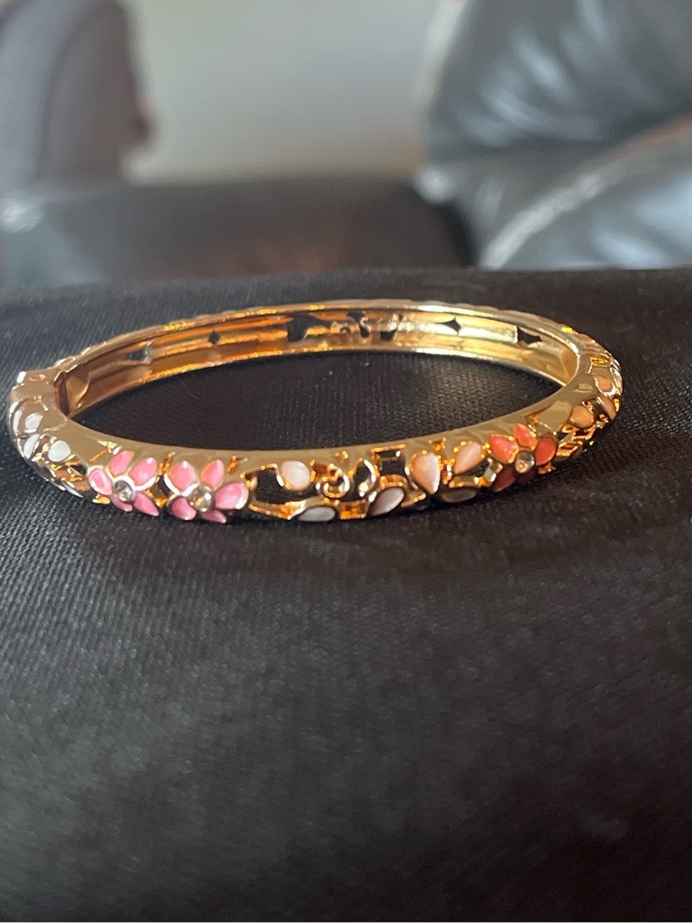 Gold-Tone Pink Crystal Hinged Bangle Bracelet